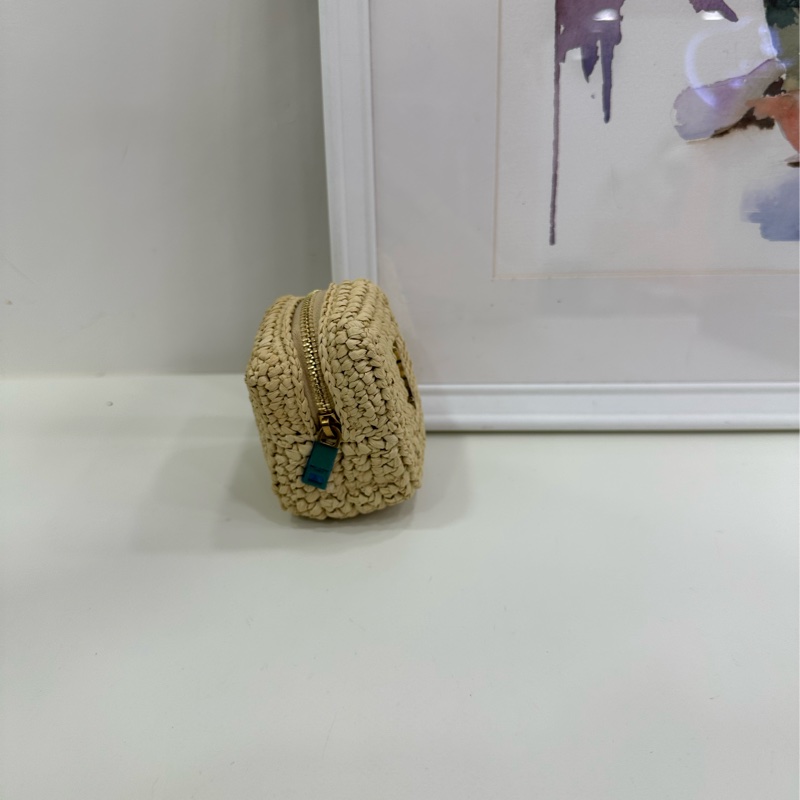 聖羅蘭 YSL 金標Logo 天然編織 方塊包 拉菲草 編織 拉鍊零錢包錢包錢夾 自然亞麻色-7