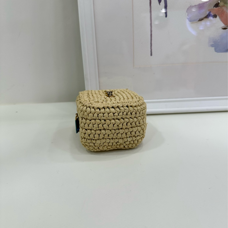 聖羅蘭 YSL 金標Logo 天然編織 方塊包 拉菲草 編織 拉鍊零錢包錢包錢夾 自然亞麻色-8
