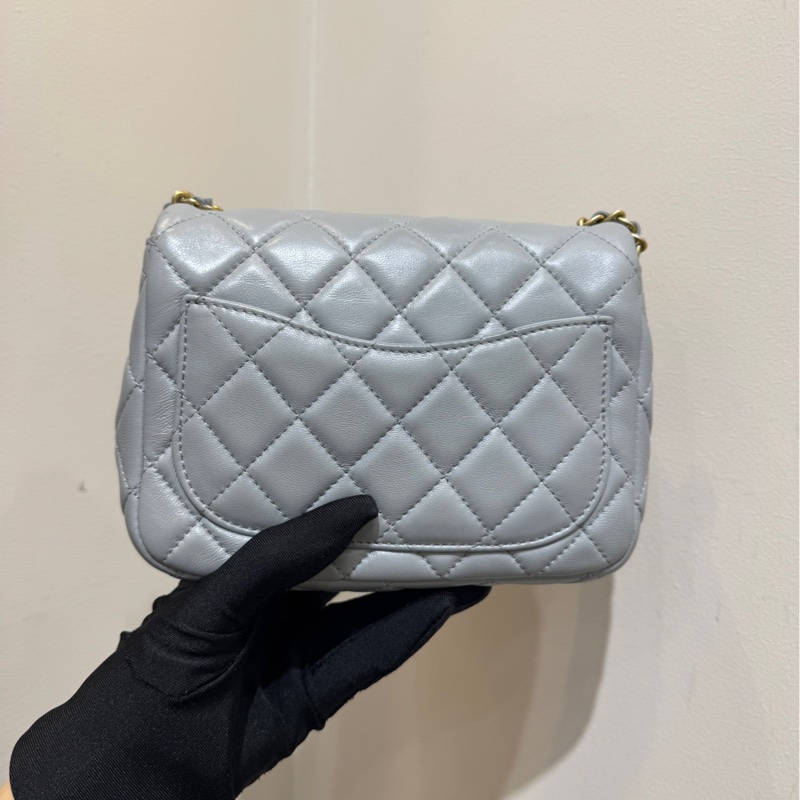 香奈兒 Chanel 20S 淡灰色金球cf方胖子 羊皮金球鏈條包單肩斜挎包-2