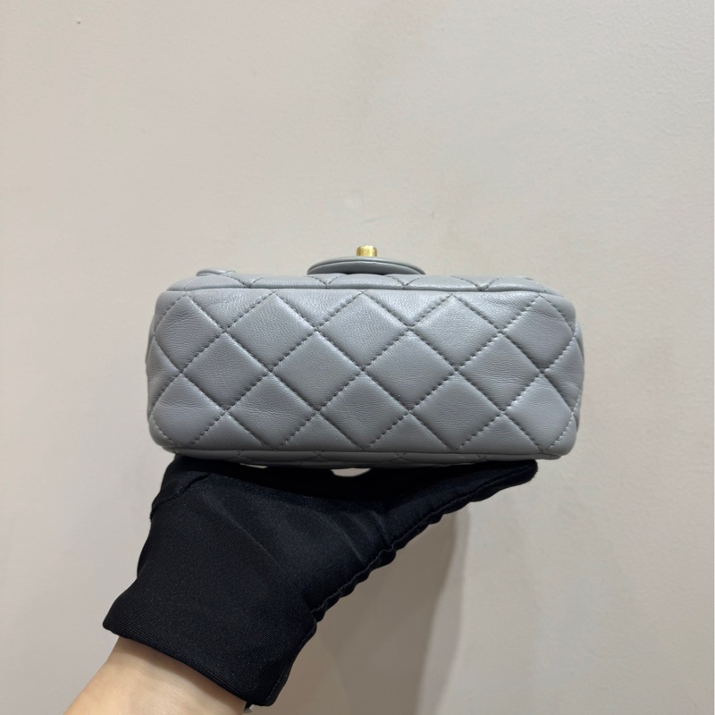 香奈兒 Chanel 20S 淡灰色金球cf方胖子 羊皮金球鏈條包單肩斜挎包-5