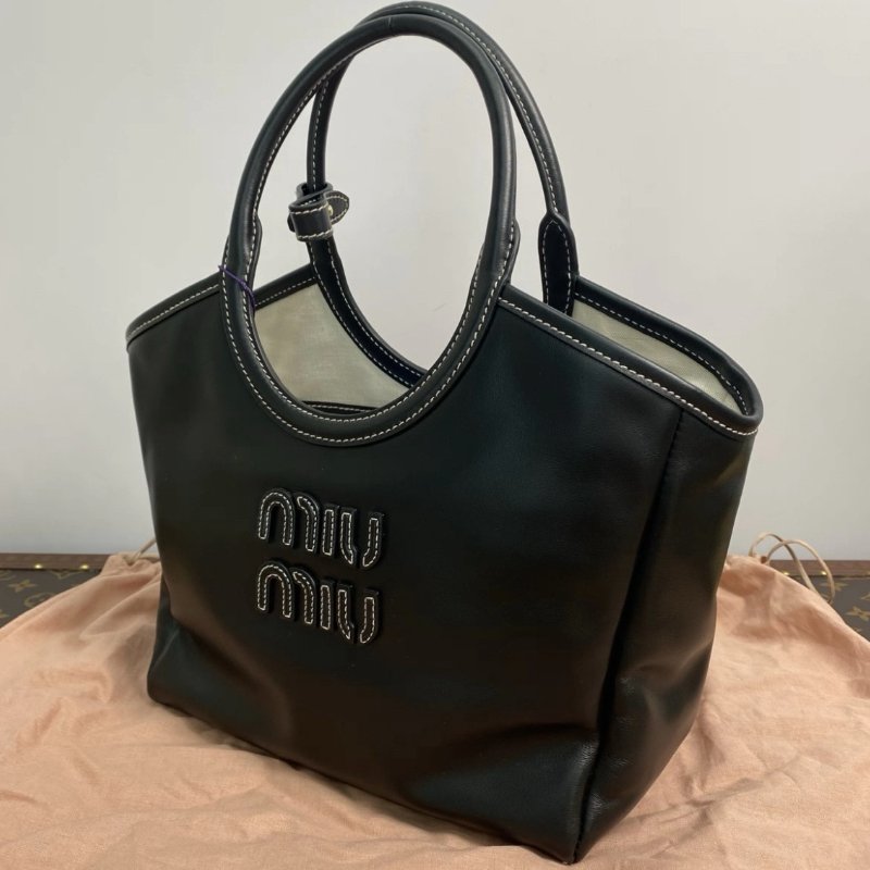 MIUMIU 黑色外縫線IVY小号手提肩背斜背托特包22*23.5*12 98新 配件塵袋-2