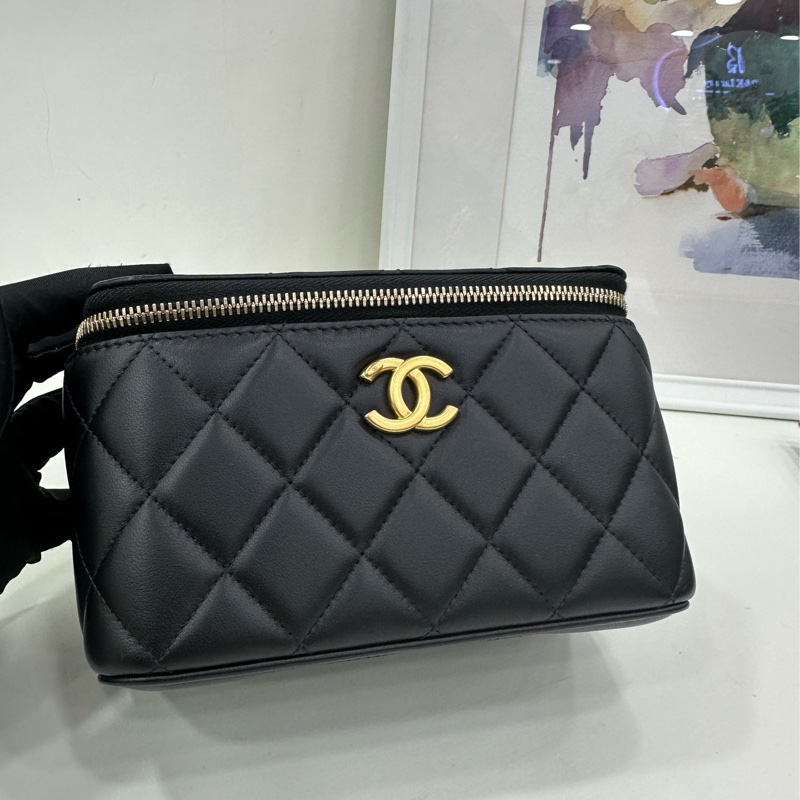 Chanel 25P香奈兒黑金羊皮山茶花金球化妝長盒尺寸16*10*8 copy購證-6