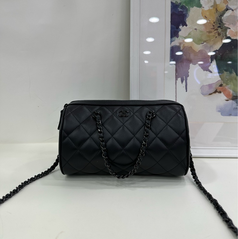 Chanel 香奈兒 25p all black 全黑羊皮保齡球包 閒置 有購證-1