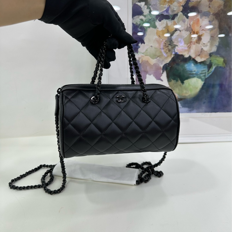 Chanel 香奈兒 25p all black 全黑羊皮保齡球包 閒置 有購證-5