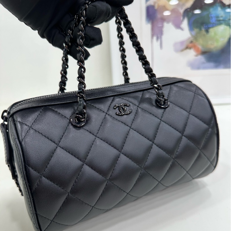 Chanel 香奈兒 25p all black 全黑羊皮保齡球包 閒置 有購證-6