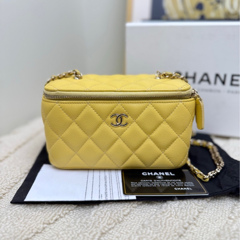 香奈兒Chanel 化妝長盒子單肩包 小雞黃淺金扣 31開-0