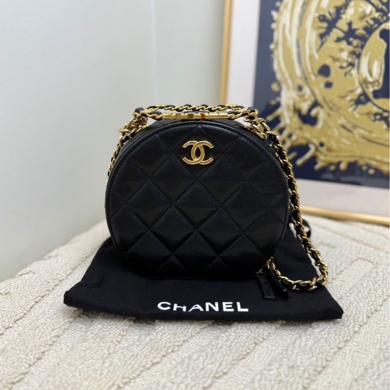 Chanel香奈兒 23C 手柄圓餅包 黑金鏤空圓環手柄 環形字母logo 可手提可單肩斜挎 黑金-0