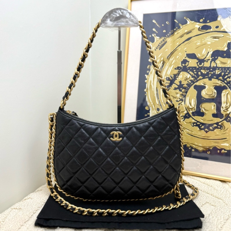 Chanel香奈兒 23b hobo 雙鏈條嬉皮腋下包 黑金 皮穿鏈滾邊 復古粗鏈條 單肩斜挎手提包-0