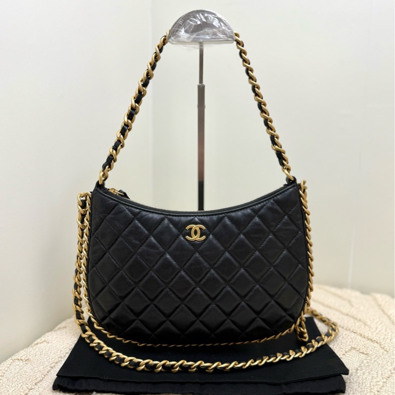 Chanel香奈兒 23b hobo 雙鏈條嬉皮腋下包 黑金 皮穿鏈滾邊 復古粗鏈條 單肩斜挎手提包-1