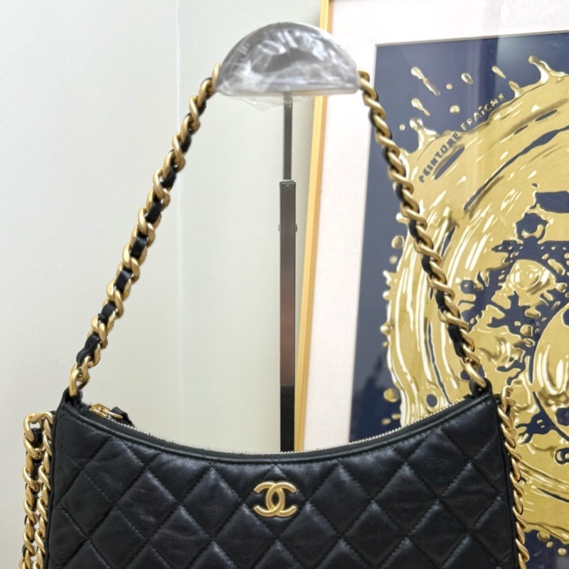 Chanel香奈兒 23b hobo 雙鏈條嬉皮腋下包 黑金 皮穿鏈滾邊 復古粗鏈條 單肩斜挎手提包-3