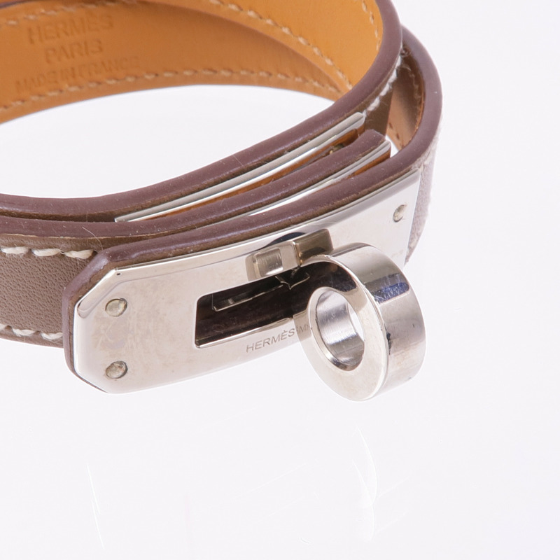 HERMES Swift皮革Kelly Double Tour Bracelet銀扣手帶Etoupe-4