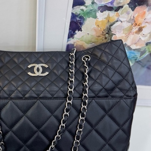 Chanel香奈兒 黑色銀扣 購物袋 菱格紋tote托特包-2