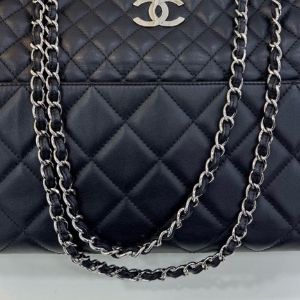 Chanel香奈兒 黑色銀扣 購物袋 菱格紋tote托特包-4