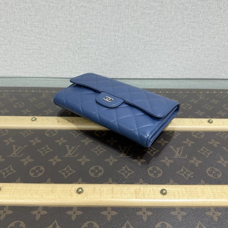 CHANEL 藍銀長款翻蓋三折疊卡包錢包18*10*2.5 98新-2