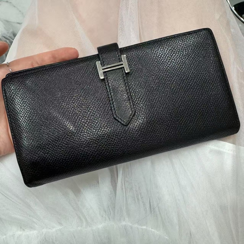 「JL精品代購」 9新 Hermes 愛馬仕bearn黑銀長夾-0
