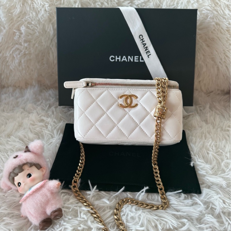香奈兒 Chanel 25k 金柱 長盒子 鏈條可調節 白金 白色 金扣-0