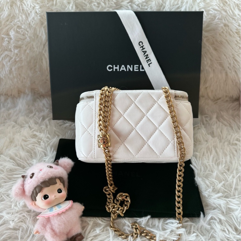 香奈兒 Chanel 25k 金柱 長盒子 鏈條可調節 白金 白色 金扣-1