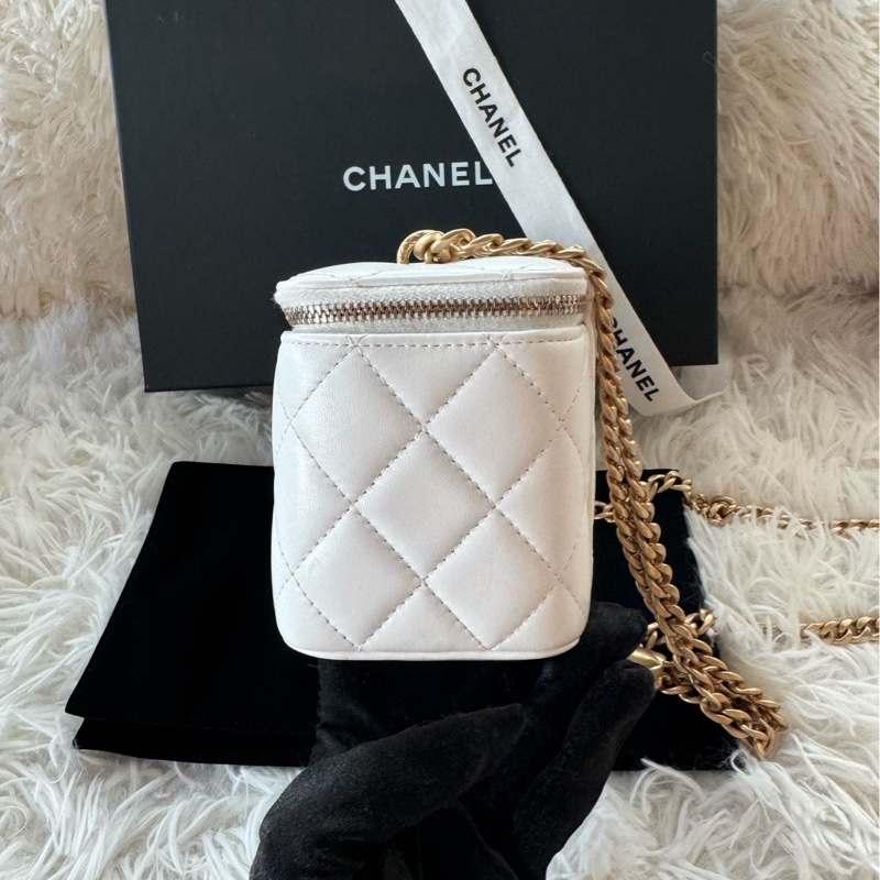 香奈兒 Chanel 25k 金柱 長盒子 鏈條可調節 白金 白色 金扣-2