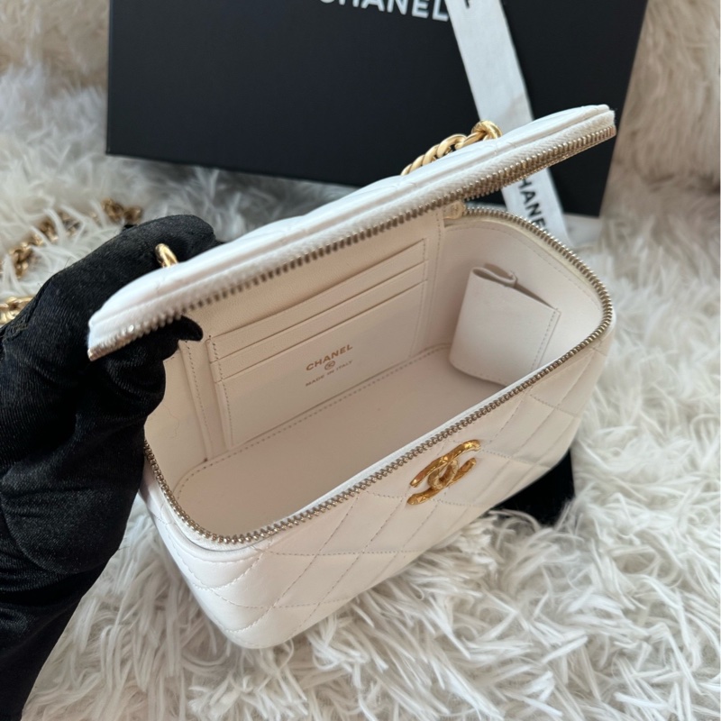 香奈兒 Chanel 25k 金柱 長盒子 鏈條可調節 白金 白色 金扣-4