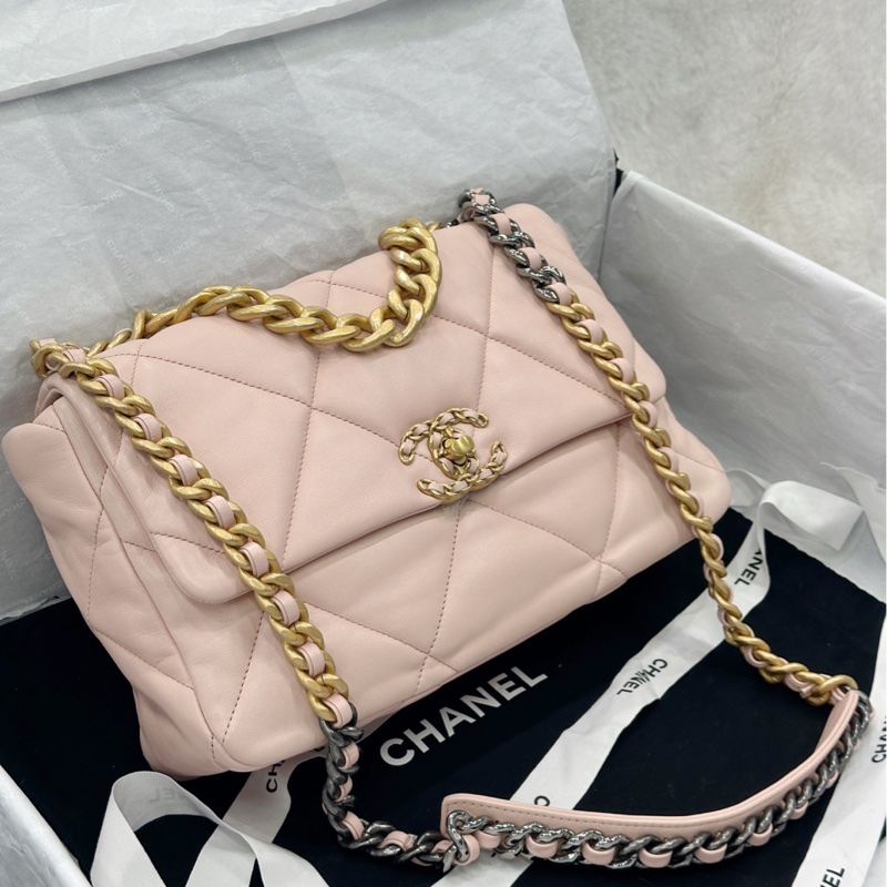 香奈兒 Chanel 19bag 中號 櫻花粉色 奶油粉色單肩斜挎包-1