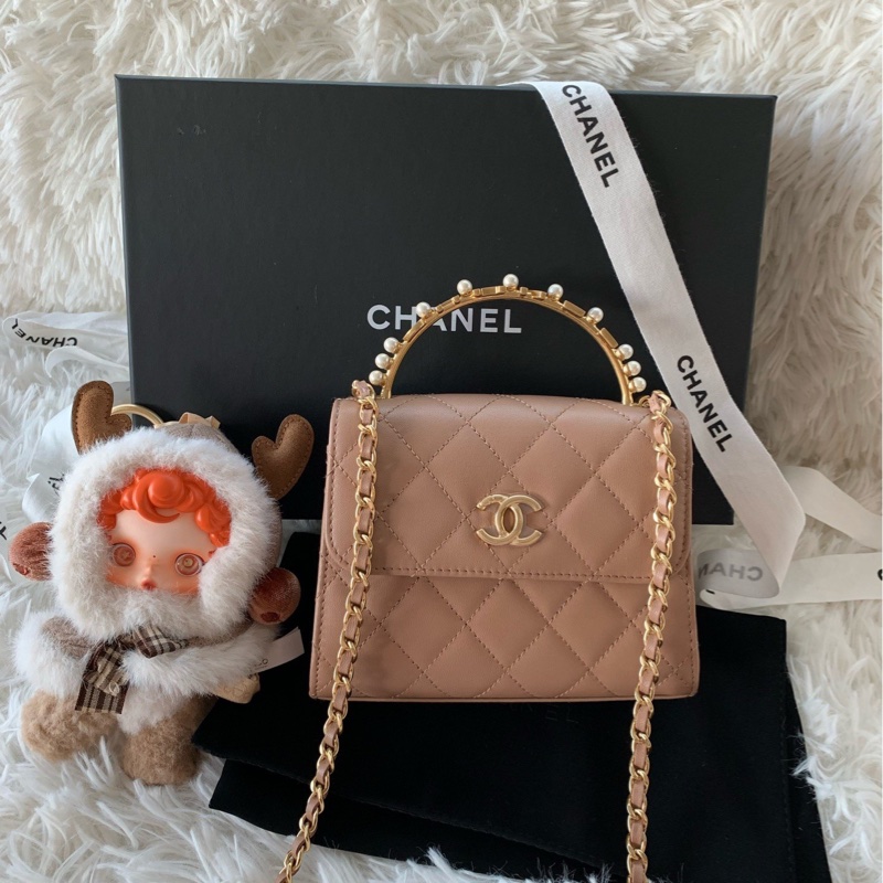 香奈兒 Chanel 23b 珍珠手柄 kelly 棕色 深米色 羊皮 手提 斜挎 單肩-0