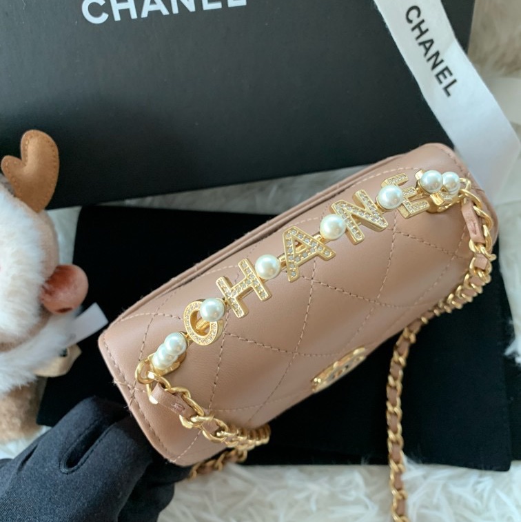 香奈兒 Chanel 23b 珍珠手柄 kelly 棕色 深米色 羊皮 手提 斜挎 單肩-1
