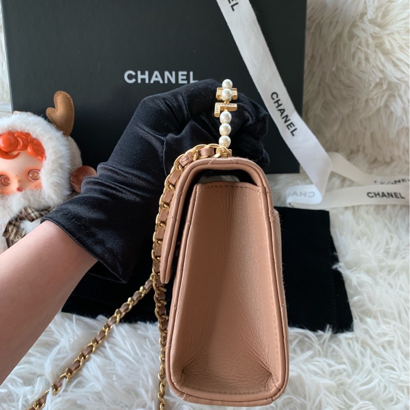 香奈兒 Chanel 23b 珍珠手柄 kelly 棕色 深米色 羊皮 手提 斜挎 單肩-4
