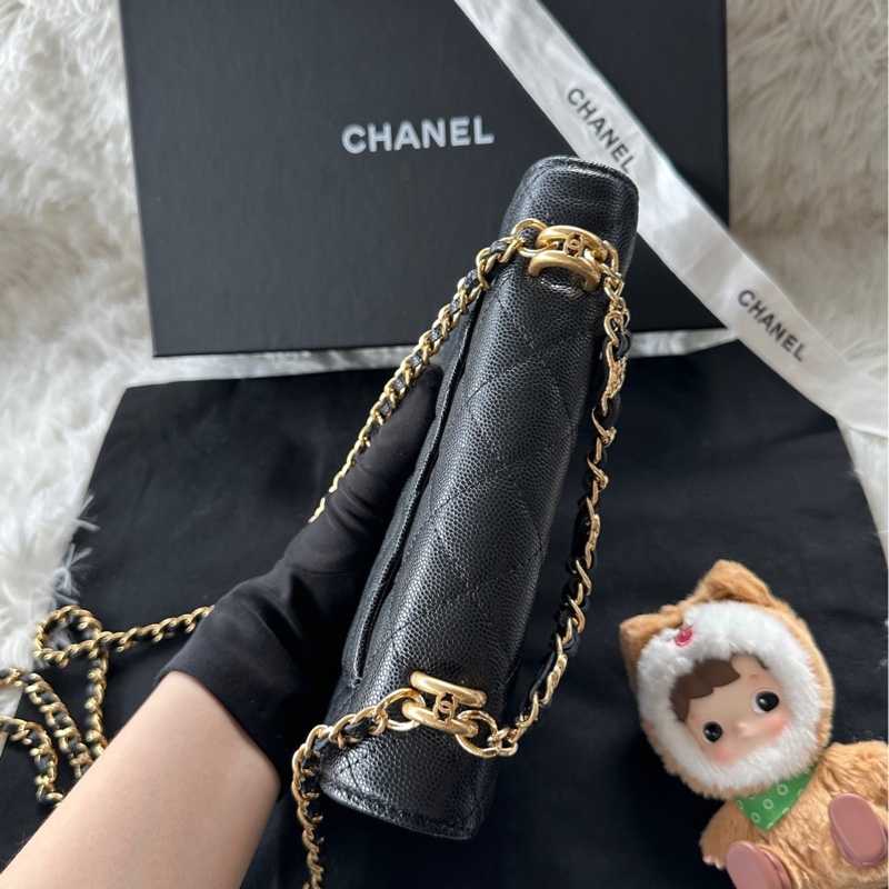 香奈兒 Chanel 22k woc 雙鏈條logo 黑金手提 斜挎 單肩-3