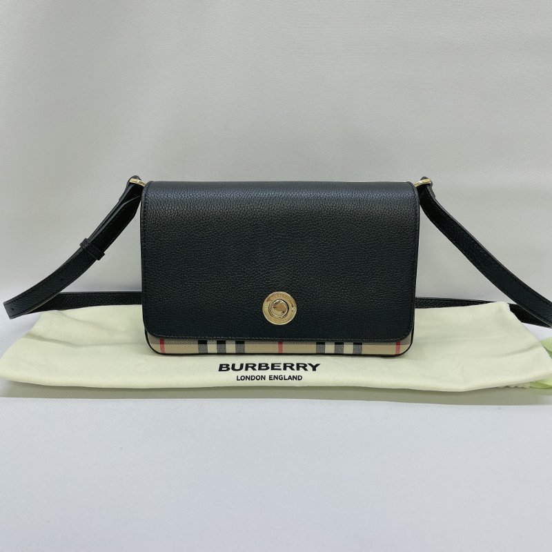 BURBERRY Vintage荔紋牛拼接格紋斜背包-0