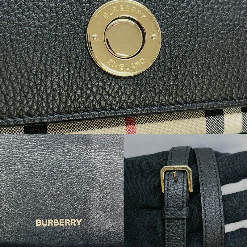 BURBERRY Vintage荔紋牛拼接格紋斜背包-6