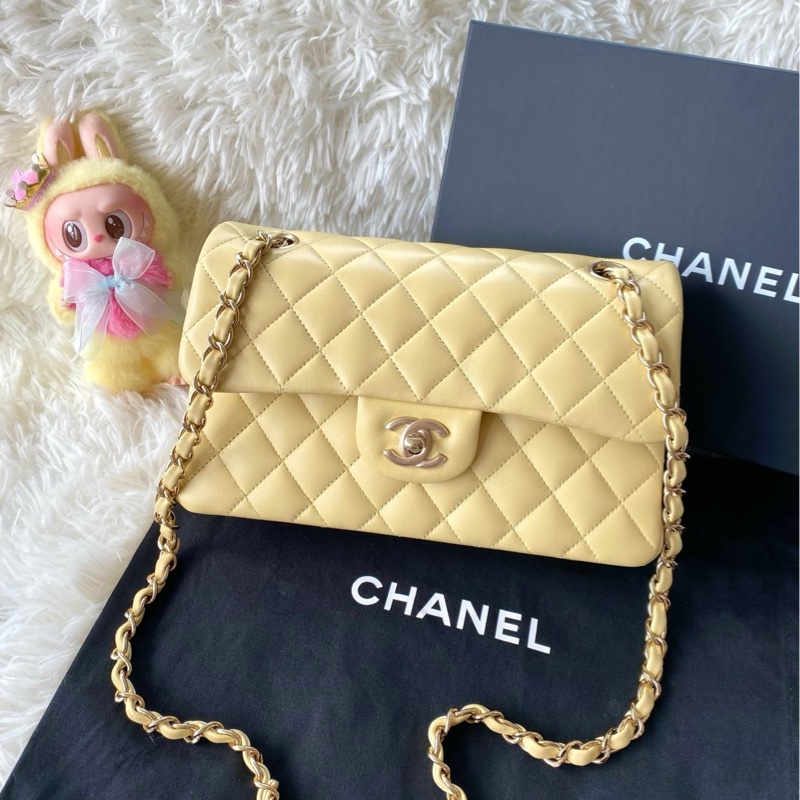 香奈兒Chanel 22p cf 小號 羊皮 淺黃色 小雞黃 奶茶色 可單肩斜挎手提-0