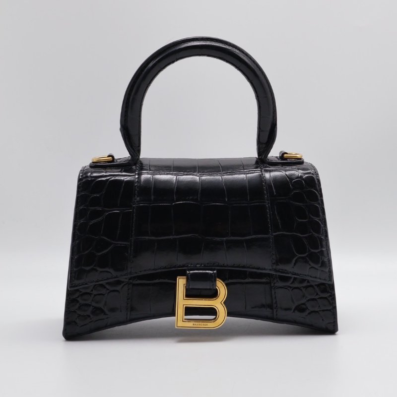 Balenciaga 閃亮小牛皮鱷魚壓紋沙漏包 - XS黑金-0