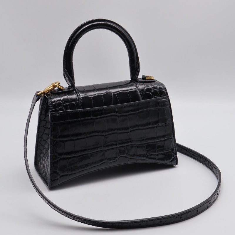 Balenciaga 閃亮小牛皮鱷魚壓紋沙漏包 - XS黑金-1