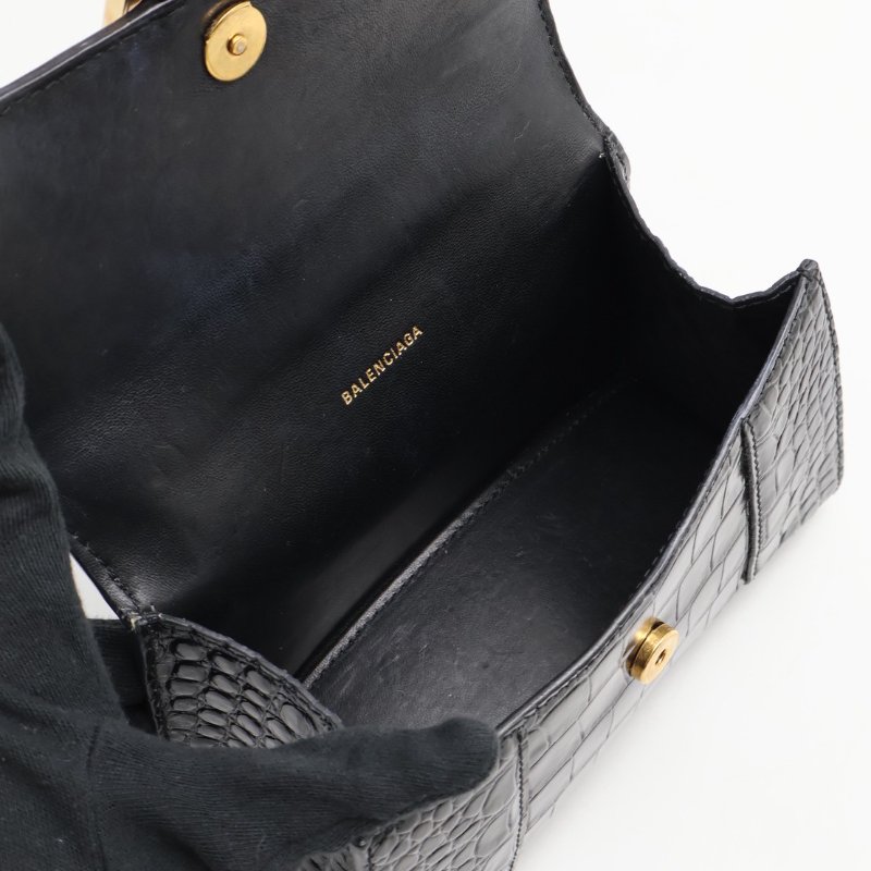 Balenciaga 閃亮小牛皮鱷魚壓紋沙漏包 - XS黑金-2