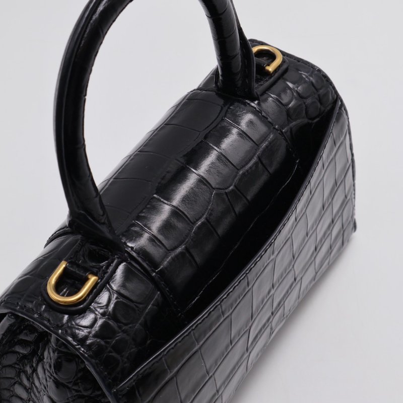 Balenciaga 閃亮小牛皮鱷魚壓紋沙漏包 - XS黑金-3
