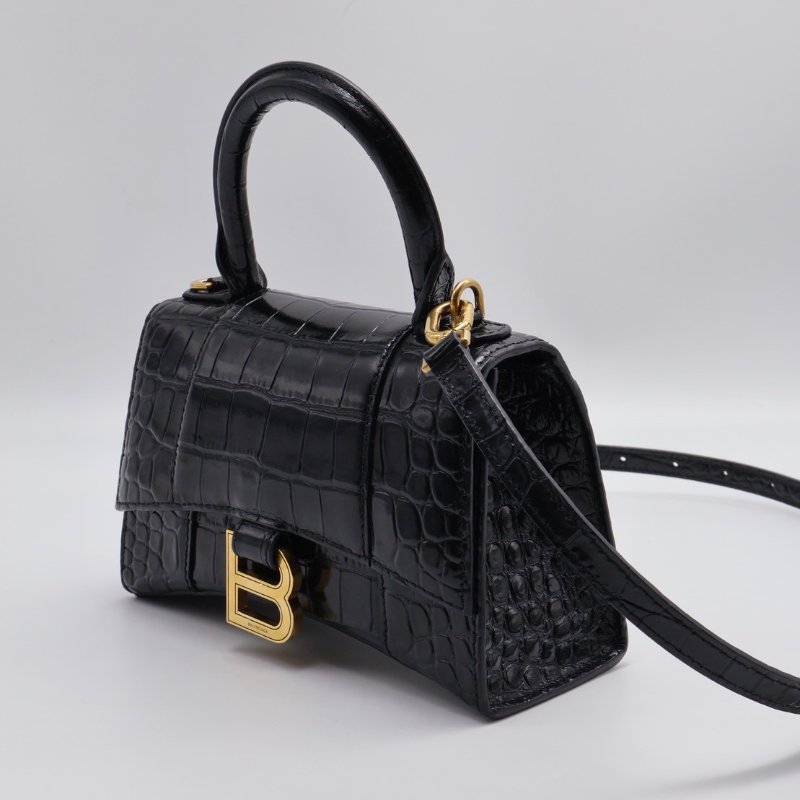 Balenciaga 閃亮小牛皮鱷魚壓紋沙漏包 - XS黑金-8