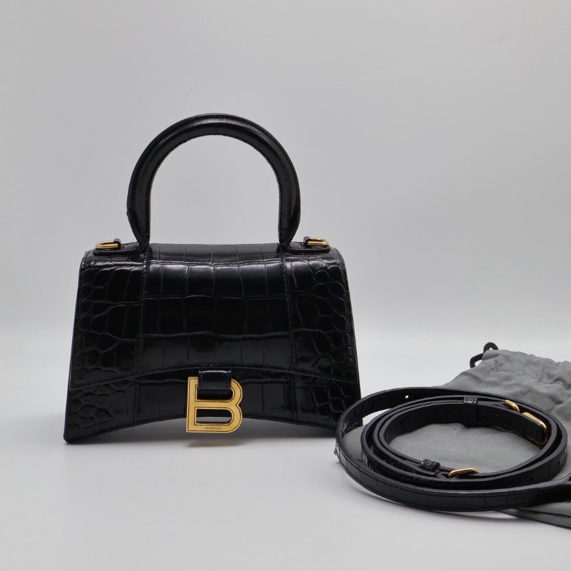 Balenciaga 閃亮小牛皮鱷魚壓紋沙漏包 - XS黑金-10