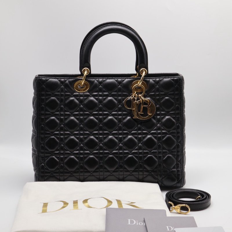 DIOR Lady dior 藤格紋戴妃包 - 大號黑金-10