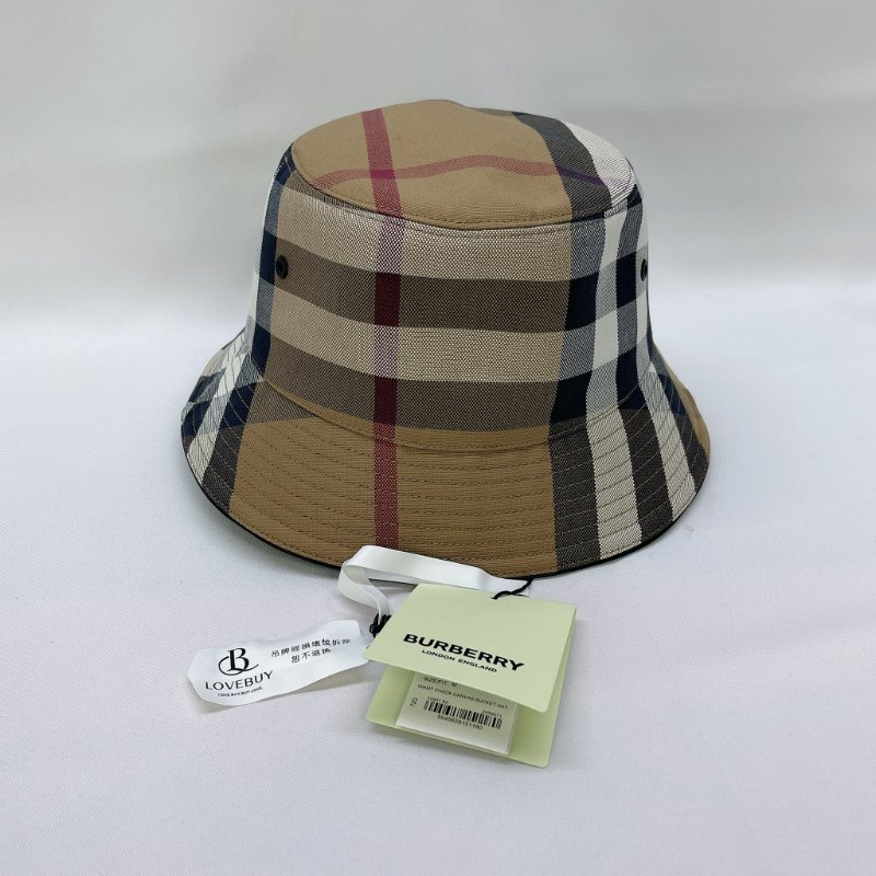BURBERRY 全新經典皮革邊格紋漁夫帽-0