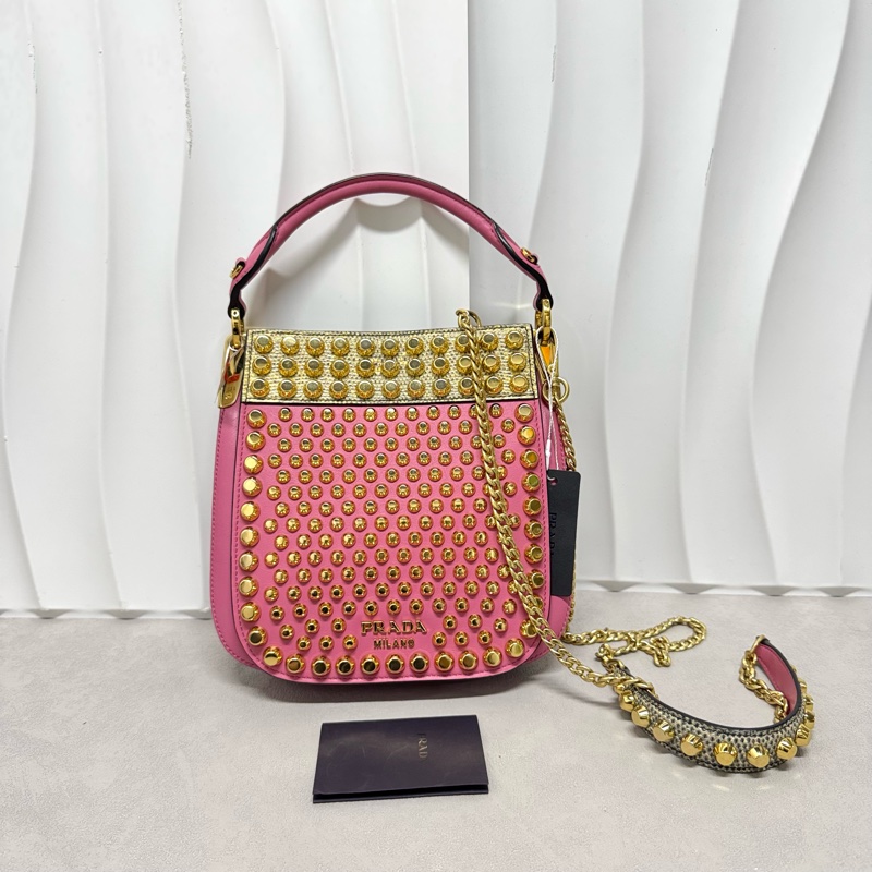 Prada / 普拉达 Margit 粉色小號鉚釘手袋-5