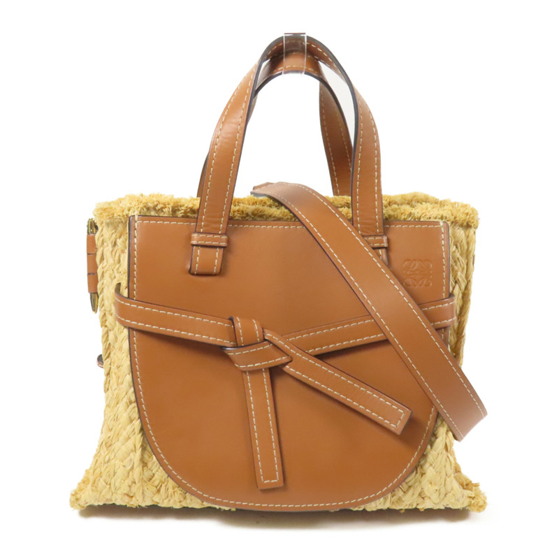 LOEWE Raffia/牛皮皮革Gate Tote Bag金扣手挽肩背兩用袋-0