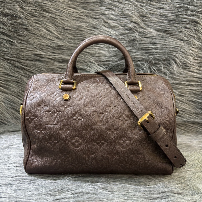 LV M40761 SPEEDY25 咖啡色荔枝皮 原花老花字紋 手提包波士頓包斜背包肩背包 美品-0
