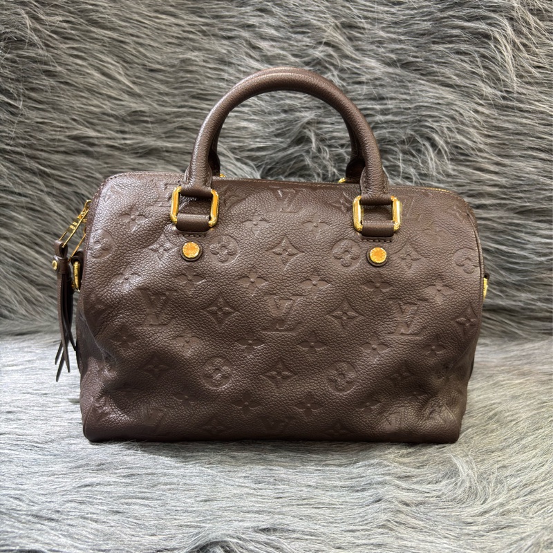 LV M40761 SPEEDY25 咖啡色荔枝皮 原花老花字紋 手提包波士頓包斜背包肩背包 美品-4