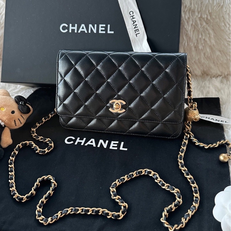 香奈兒 Chanel 24k woc 黑金 羊皮 金球 調節扣 單肩 斜挎-0