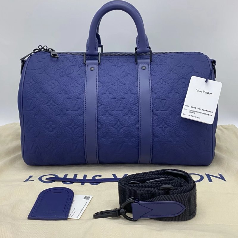 LV藍色壓紋keepall35手提斜背旅行袋芯片款35*21*16.5 全新閒置配件塵袋-0