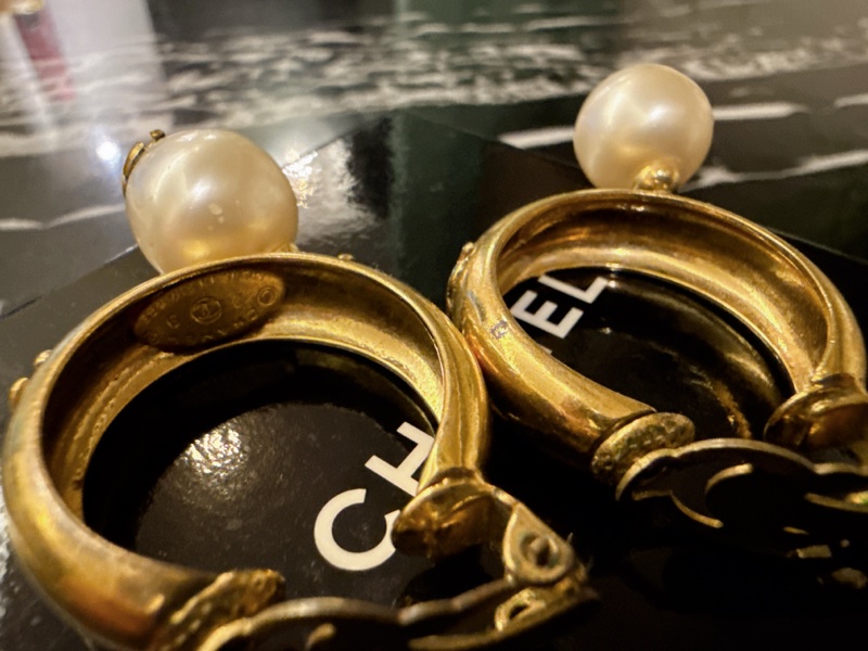 中古的 Chanel vintage 金環金圈 珍珠 耳夾 夾式耳環-9