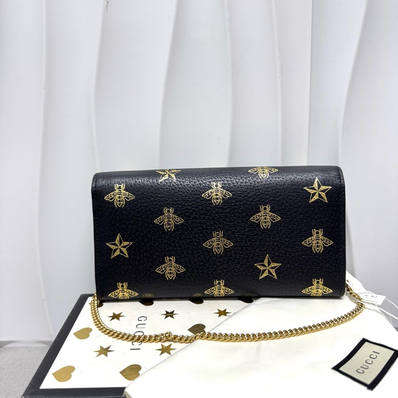 Gucci / 古馳 黑色燙金 小蜜蜂款 Padlock 鏈條包 WOC-1
