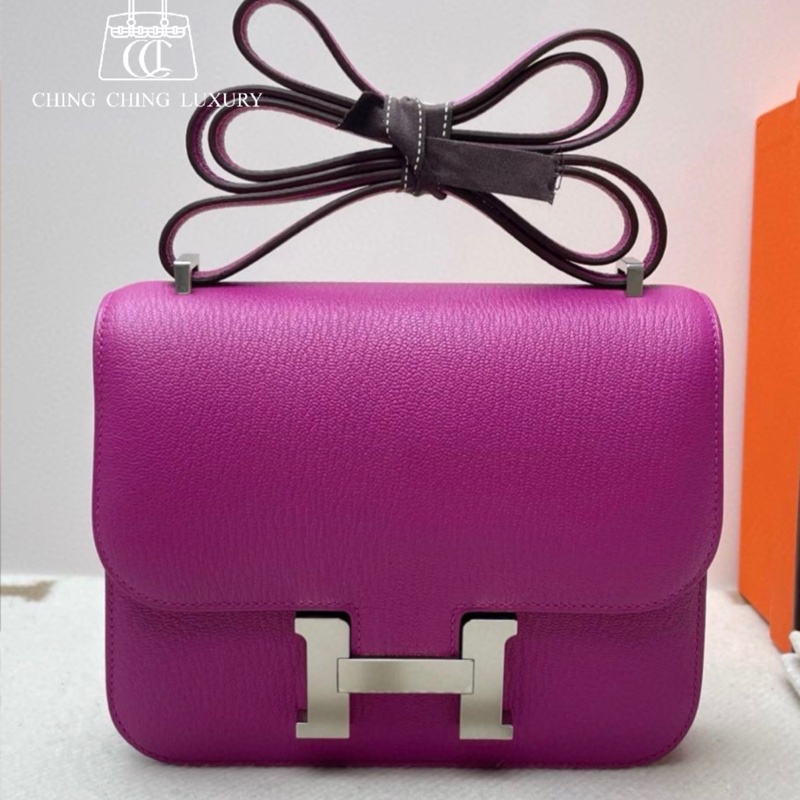 🌈Hermes💜Mini Constance 19💜L3玫瑰紫銀扣🌟99.8新🌟山羊皮🌟-0