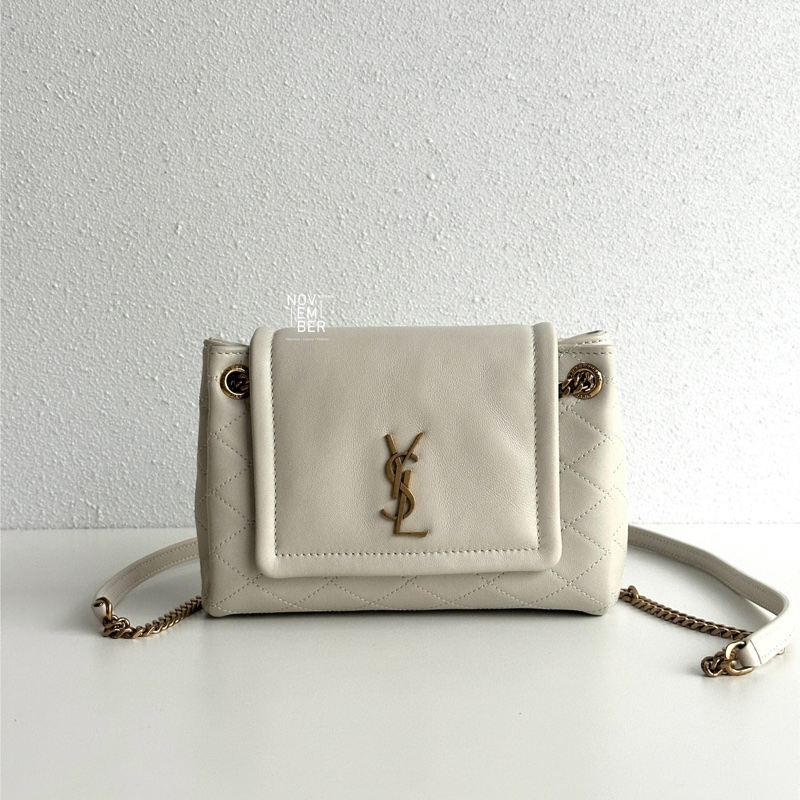 99新🆕 Saint Laurent YSL 聖羅蘭 Nolita Mini 白色金釦 斜背包 肩背包-0
