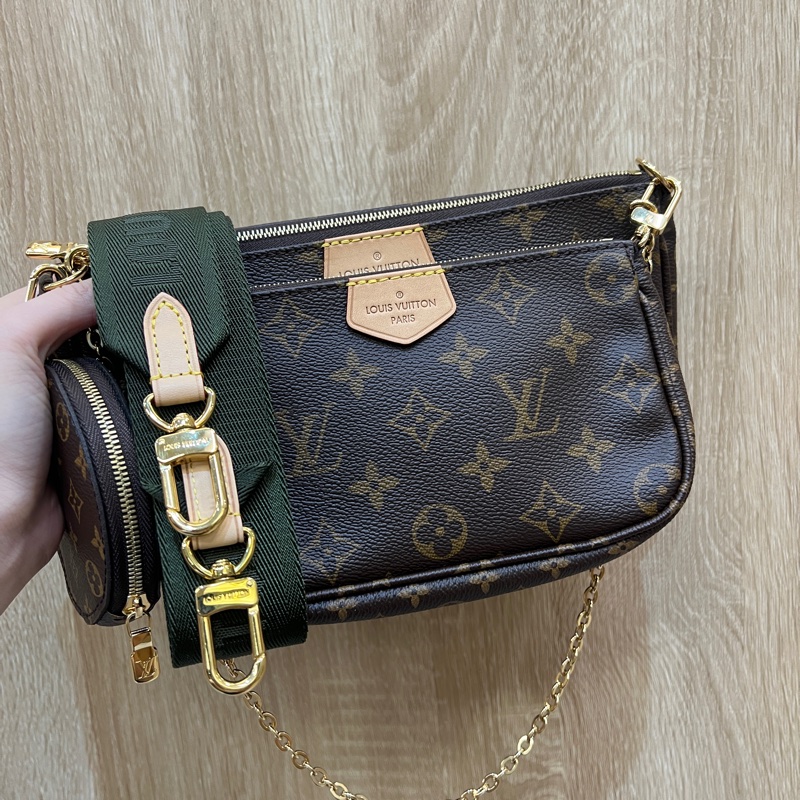 LV 原花金釦五合一綠背帶麻將包M44813-0